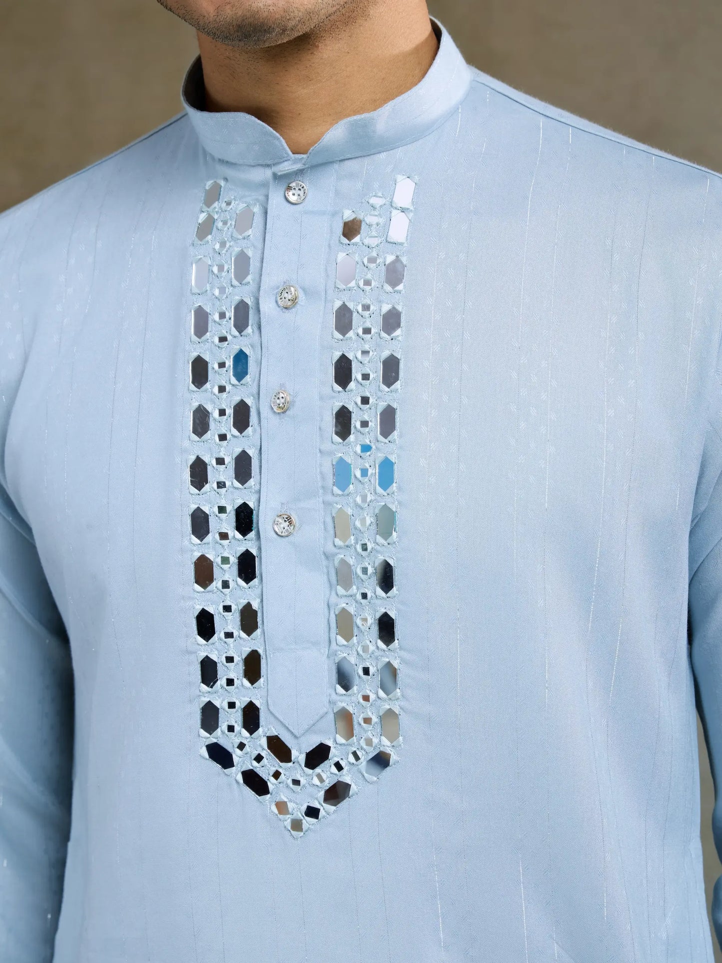 Sky Jari & Mirror Work Kurta Set With Pant & Dupatta