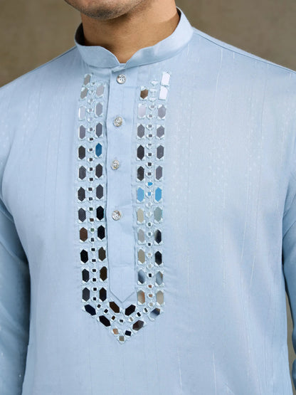 Sky Jari & Mirror Work Kurta Set With Pant & Dupatta