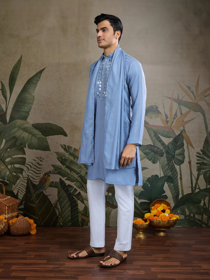 Light Blue Jari & Mirror Work Kurta Set With Pant & Dupatta
