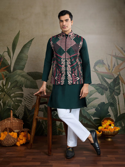 Green Silk Thread & Swarovski Embroidered Work Kurta Set With Koti (Jacket)