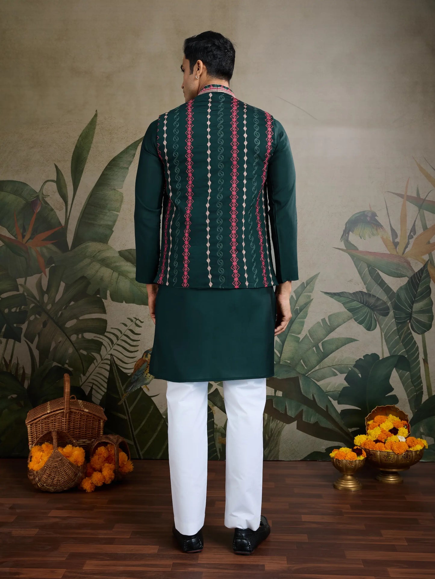 Green Silk Thread & Swarovski Embroidered Work Kurta Set With Koti (Jacket)