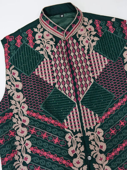 Green Silk Thread & Swarovski Embroidered Work Kurta Set With Koti (Jacket)