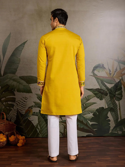 Yellow Viscose Silk Thread & Sequence Embroidered Work Kurta With Bottom