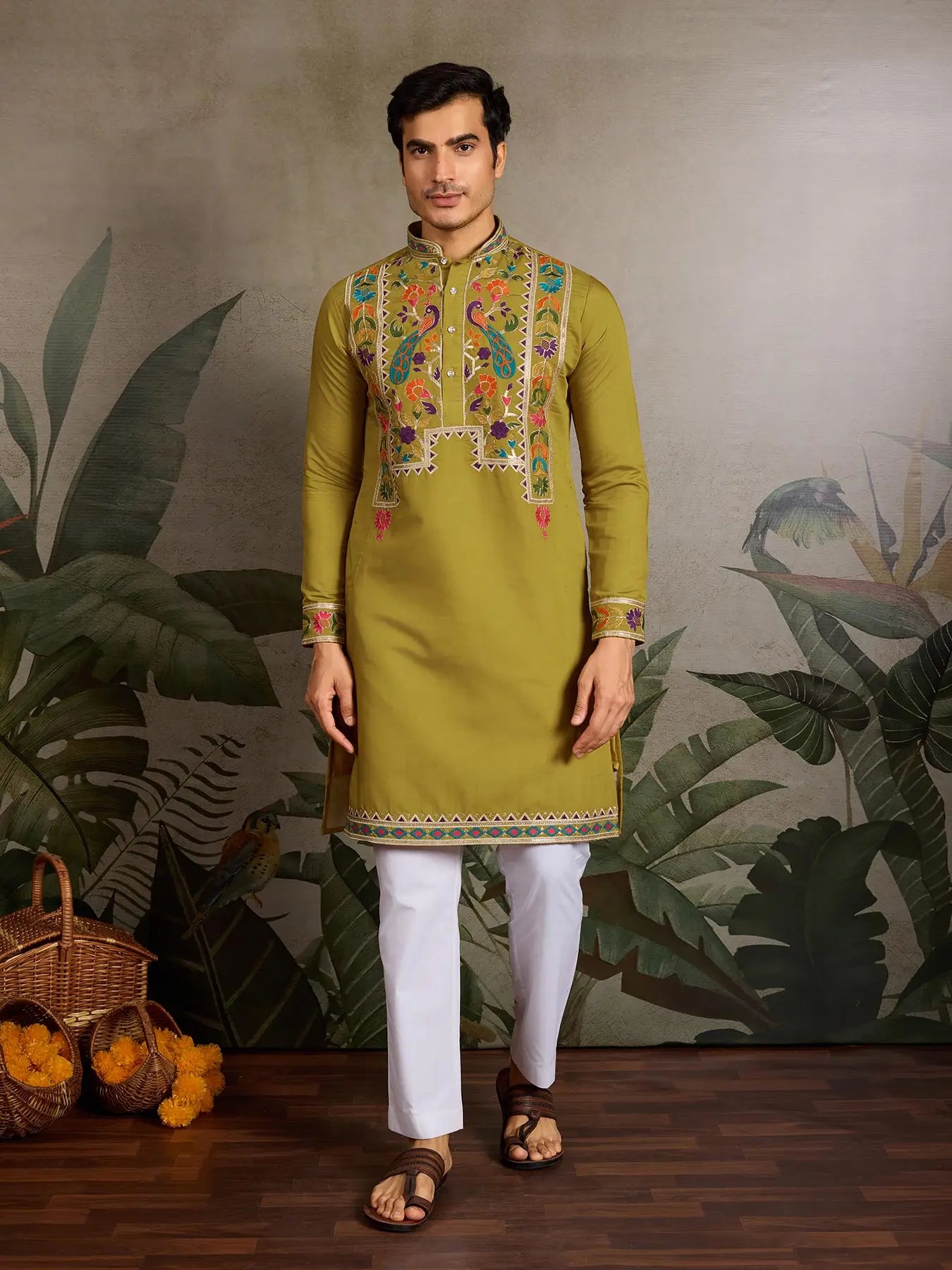 Mustard Viscose Silk Thread & Sequence Embroidered Work Kurta