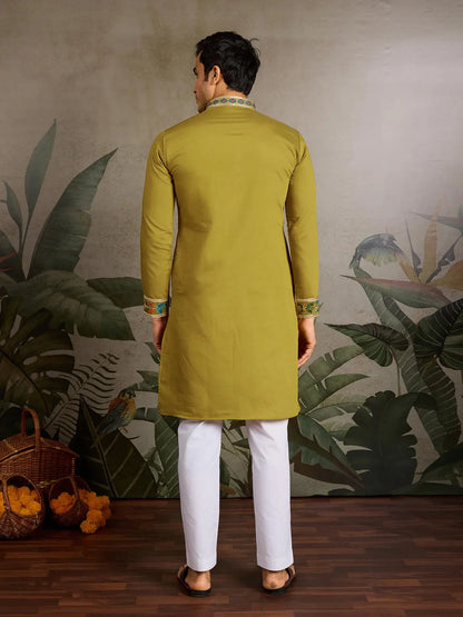 Mustard Viscose Silk Thread & Sequence Embroidered Work Kurta