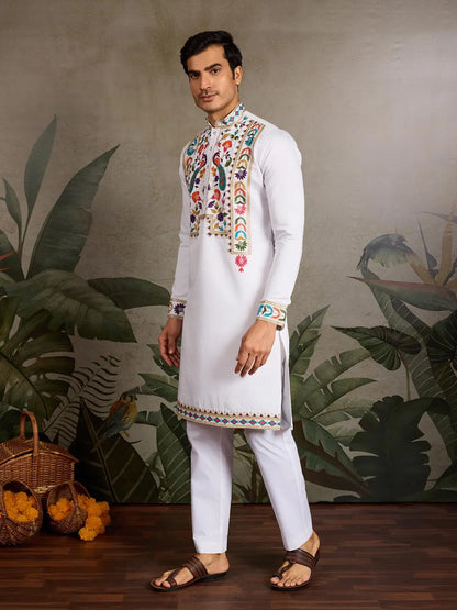 White Viscose Silk Thread & Sequence Embroidered Work Kurta
