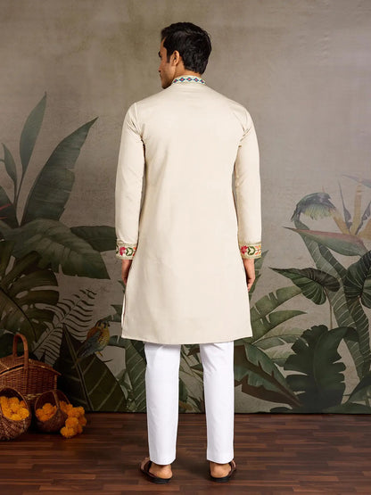 Cream Viscose Silk Thread & Sequence Embroidered Work Kurta