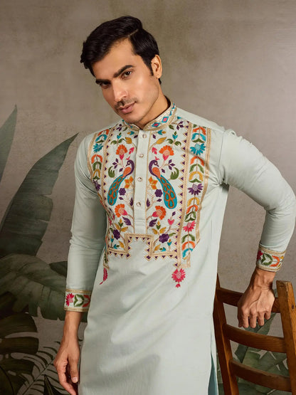 Pista Viscose Silk Thread & Sequence Embroidered Work Kurta