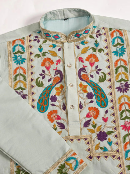 Pista Viscose Silk Thread & Sequence Embroidered Work Kurta