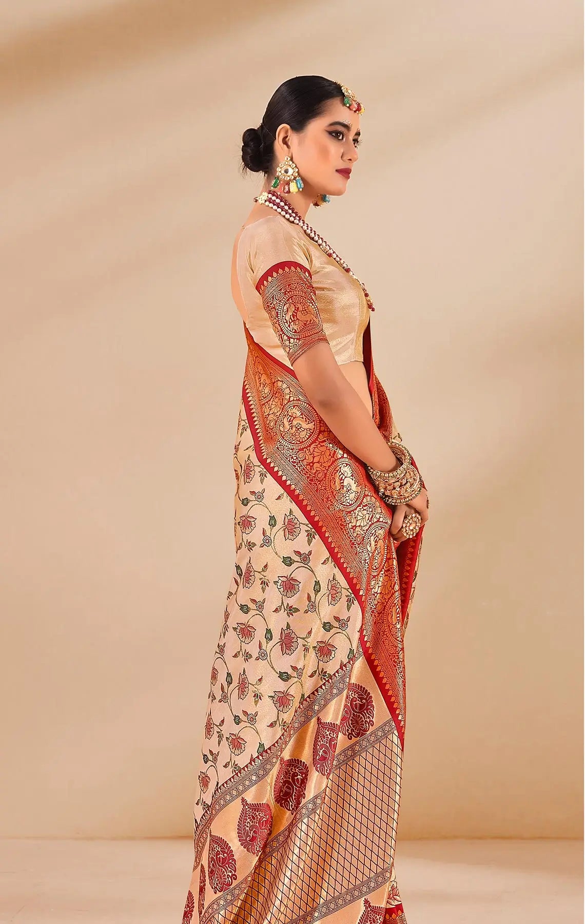 Cream Dharmavaram Tissue Silk Saree with Zari Weaving & Contrast Border