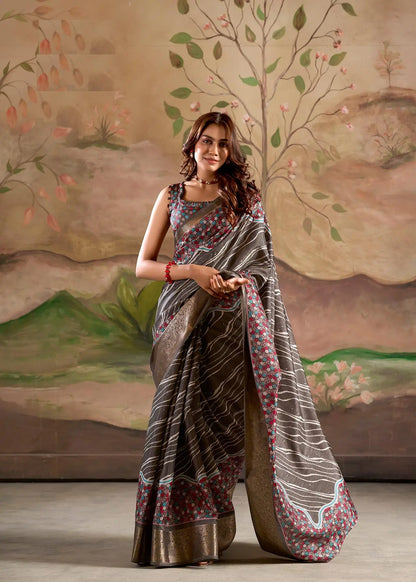 Grey Dola Silk Printed Saree With Zari Border