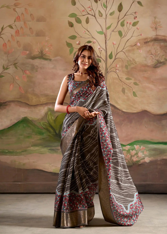 Grey Dola Silk Printed Saree With Zari Border