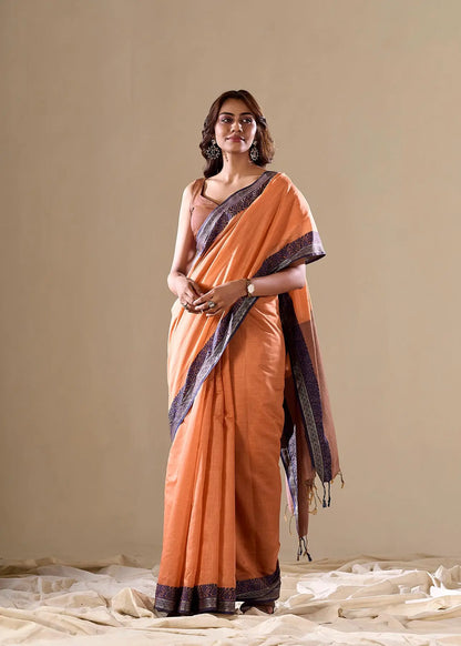 Dusty Orange  Handloom Silk Saree With Contarast Border