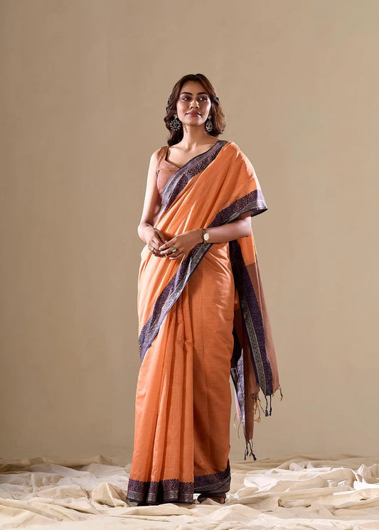 Dusty Orange  Handloom Silk Saree With Contarast Border