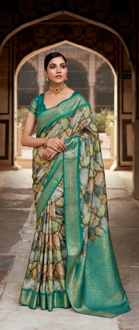 Teal Green Handloom Silk Saree  With Digital Print Zari Border