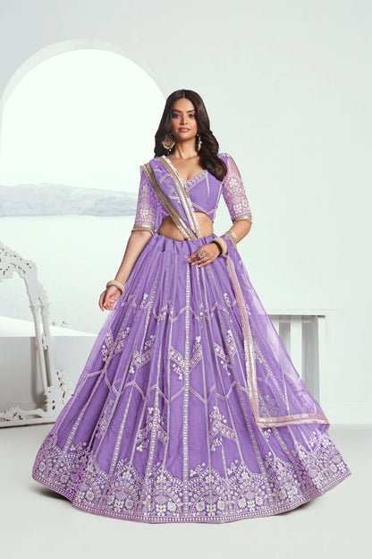 Lavender Net Lehenga Choli With Sequence & Cotton Thread Work Embroidery Work