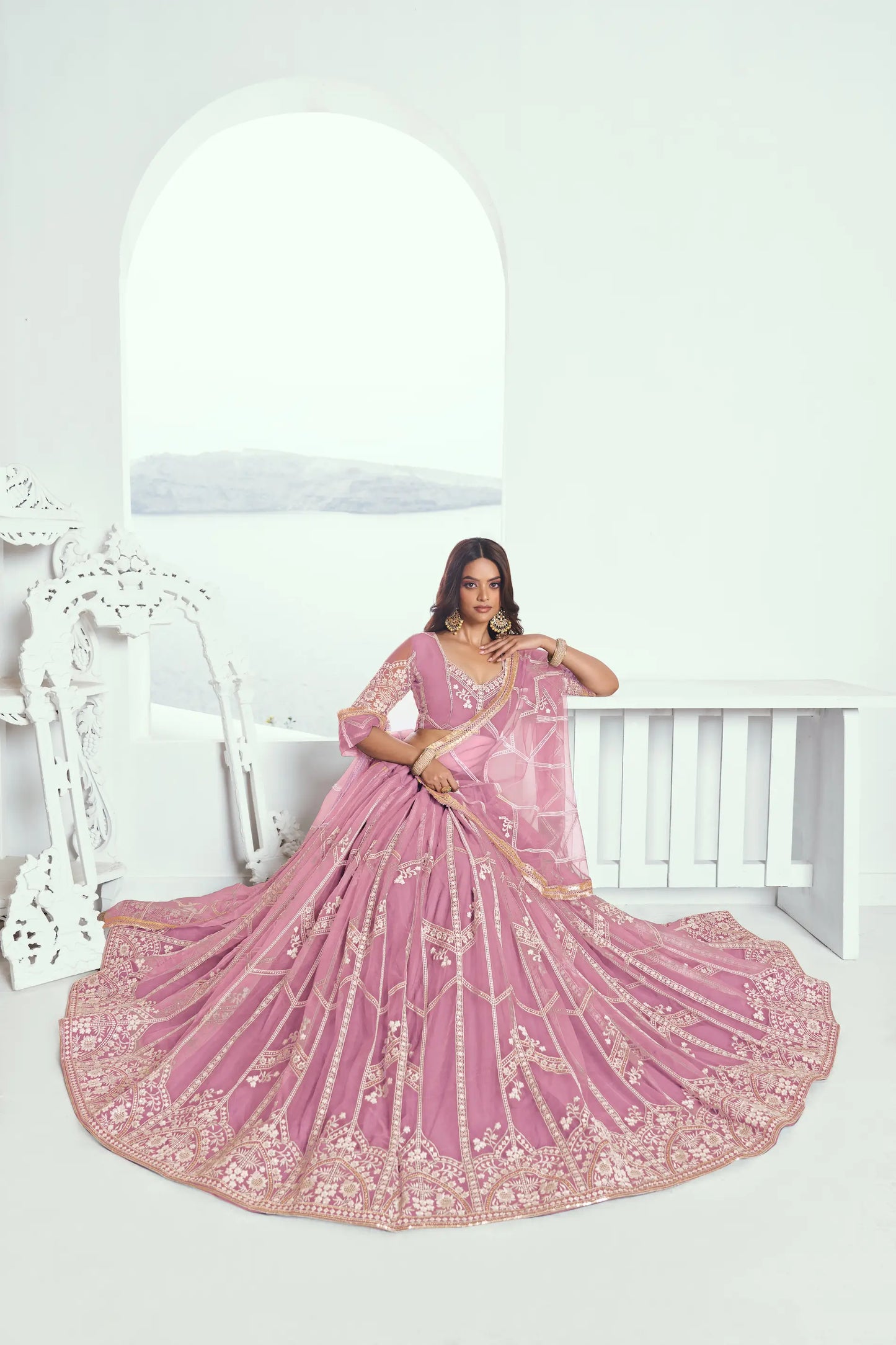 Pink Net Lehenga Choli With Sequence & Cotton Thread Work Embroidery Work