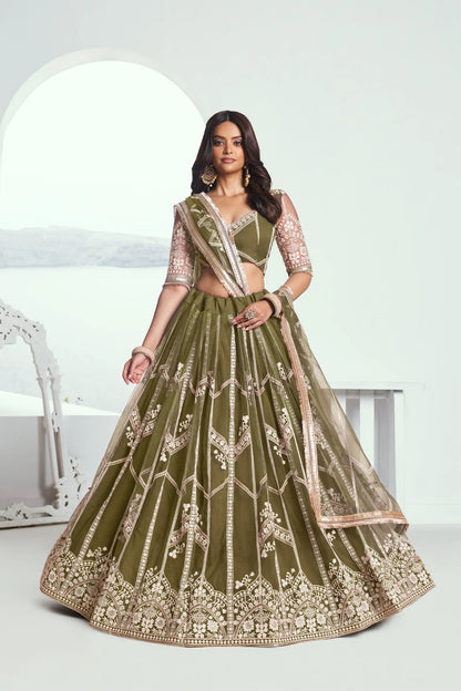 Olive Green Net Lehenga Choli With Sequence & Cotton Thread Work Embroidery Work