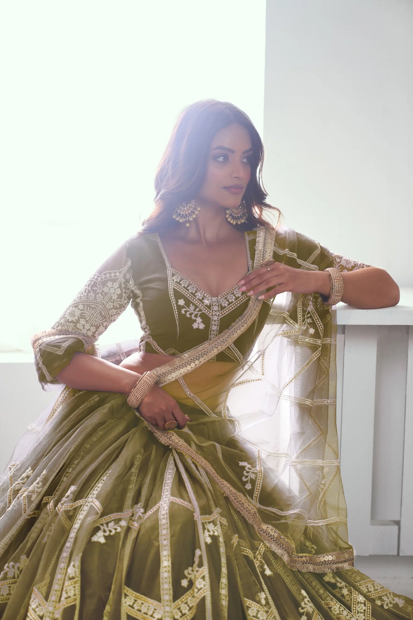 Olive Green Net Lehenga Choli With Sequence & Cotton Thread Work Embroidery Work