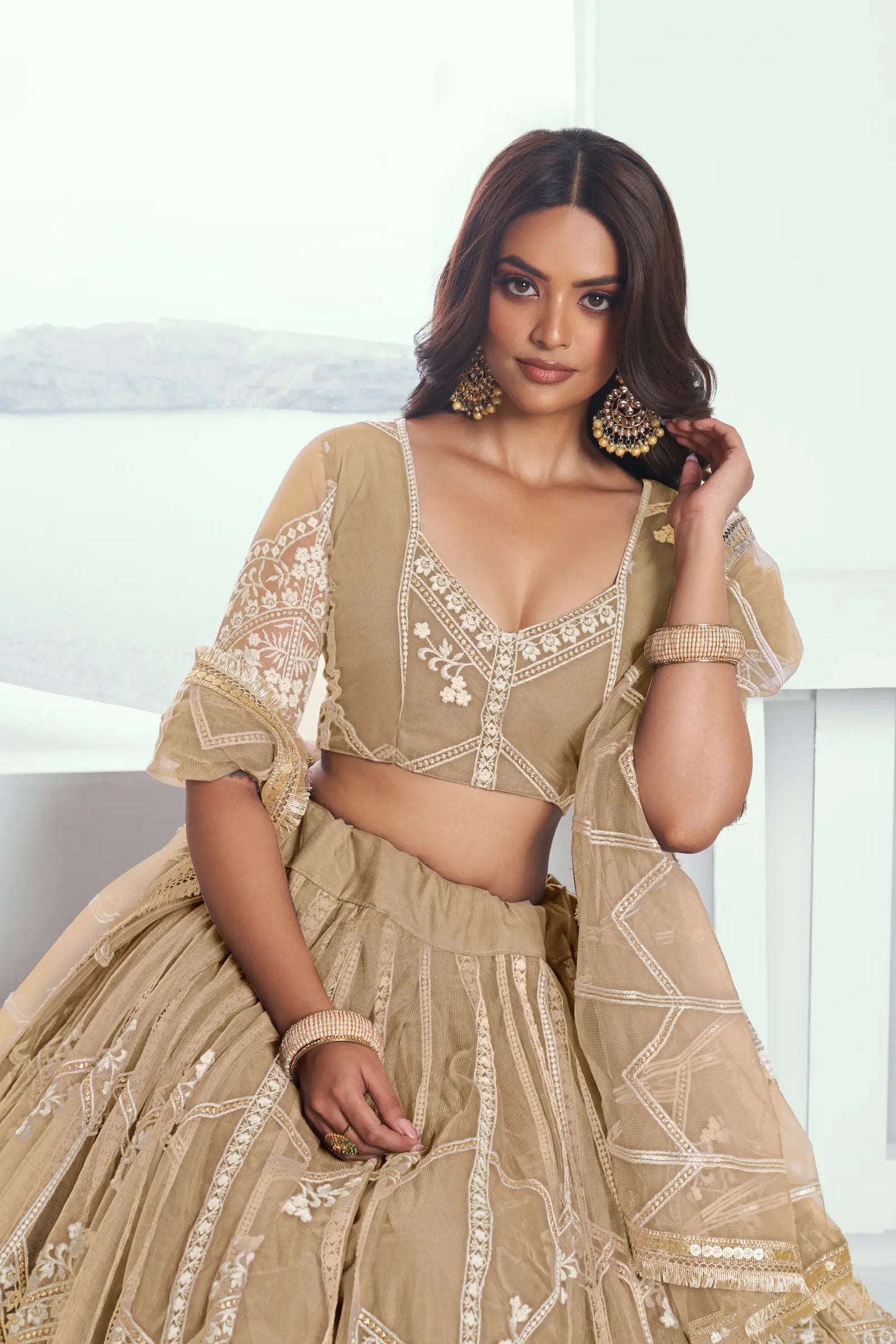 Beige Net Lehenga Choli With Sequence & Cotton Thread Work Embroidery Work