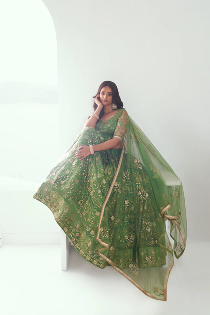 Light Green Net Lehenga Choli With Cotton Thread Work & Sequence Embroidery Work
