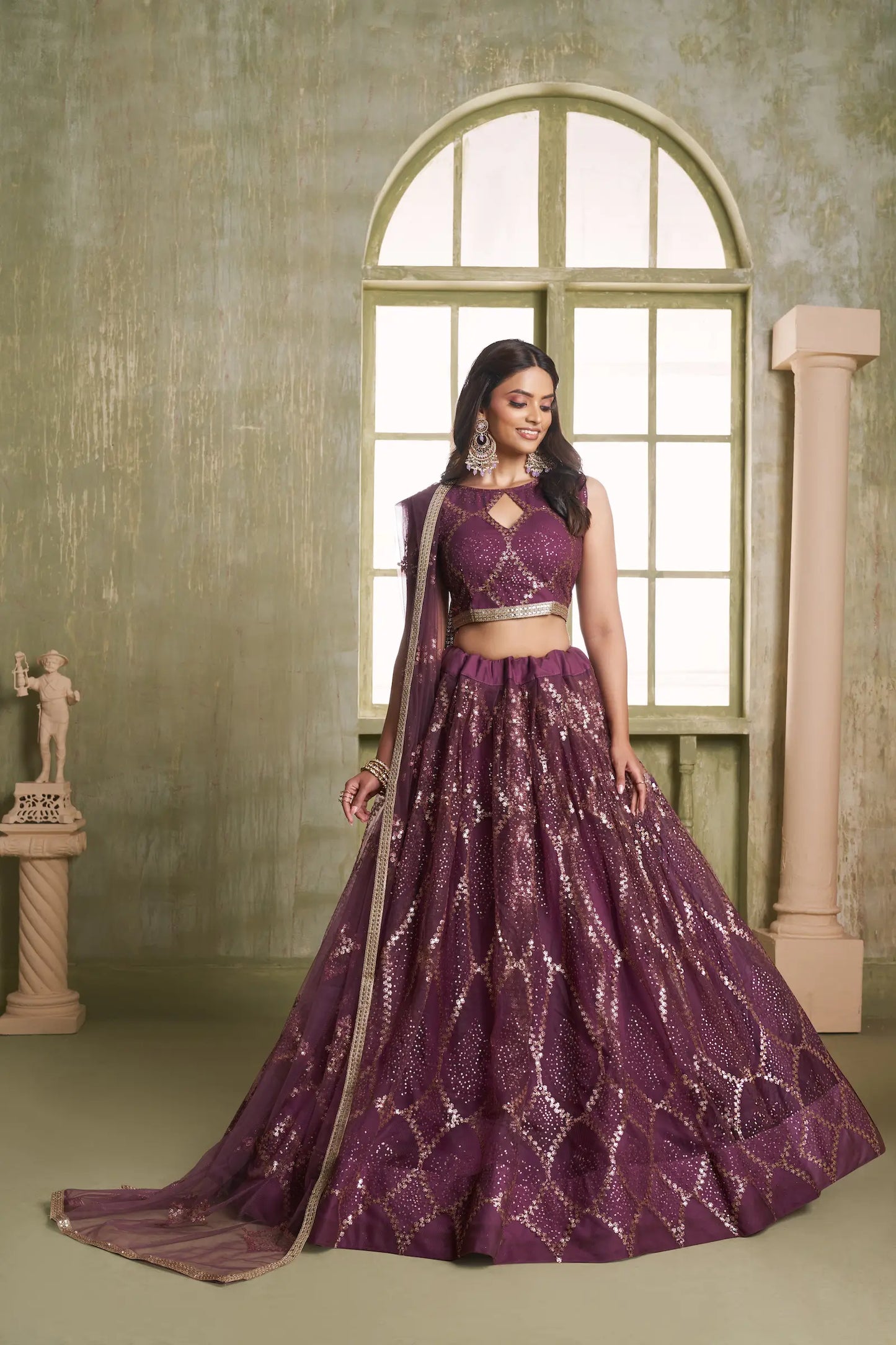 Wine Net Lehenga Choli With Cotton Thread Work & Sequence Embroidery Work