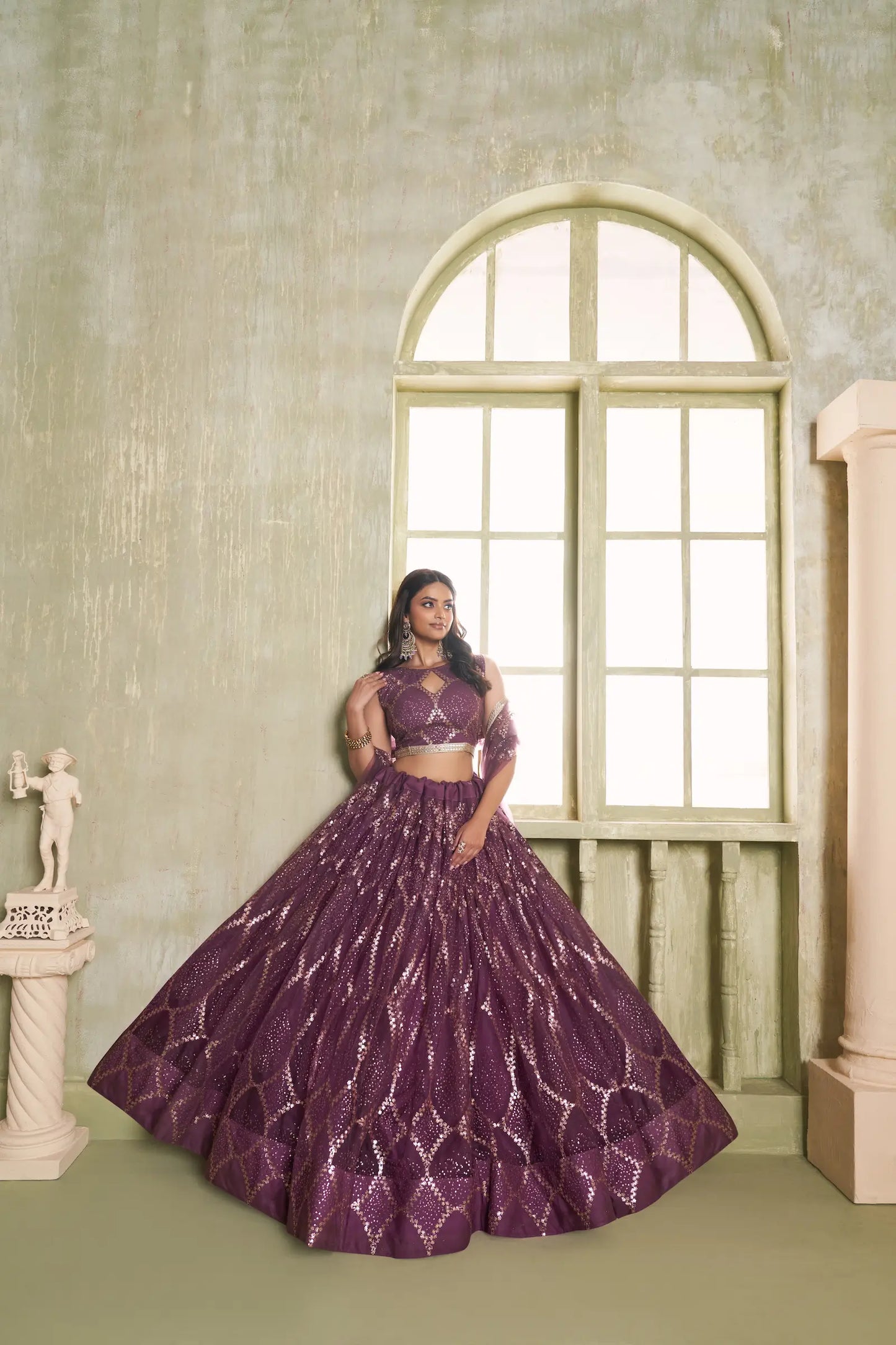 Wine Net Lehenga Choli With Cotton Thread Work & Sequence Embroidery Work