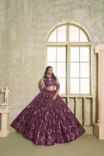 Wine Net Lehenga Choli With Cotton Thread Work & Sequence Embroidery Work