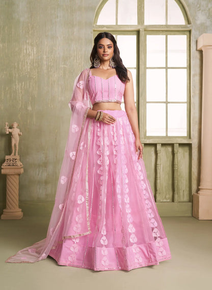 Pink Net Lehenga Choli With Cotton Thread Work & Sequence Embroidery Work