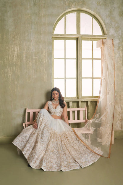 White Net Lehenga Choli With Cotton Thread Work & Sequence Embroidery Work