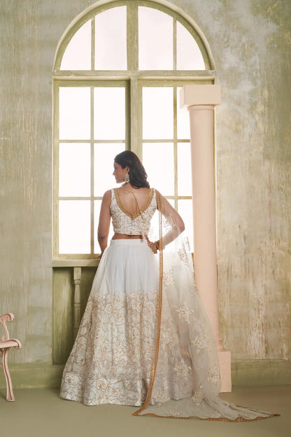 White Net Lehenga Choli With Cotton Thread Work & Sequence Embroidery Work
