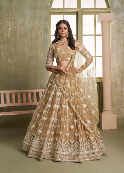 Beige Net Lehenga Choli With Cotton Thread Work & Sequence Embroidery Work