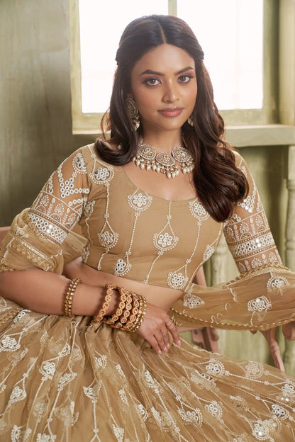 Beige Net Lehenga Choli With Cotton Thread Work & Sequence Embroidery Work