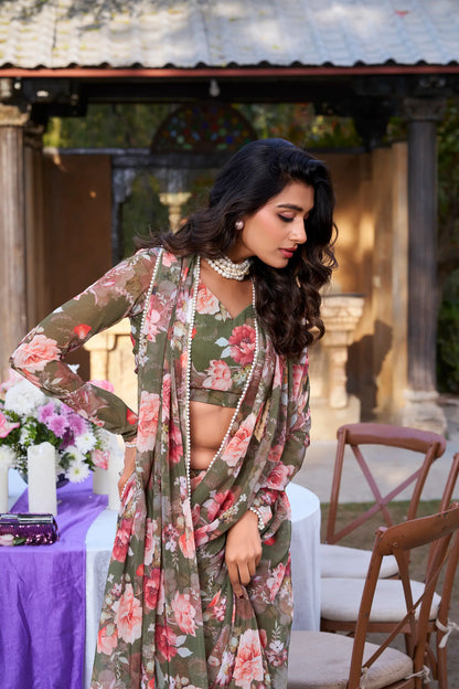 Olive Green Weightless Marbal Saree With Floral Print & Pearl Lace Border
