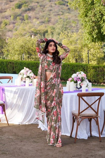 Olive Green Weightless Marbal Saree With Floral Print & Pearl Lace Border