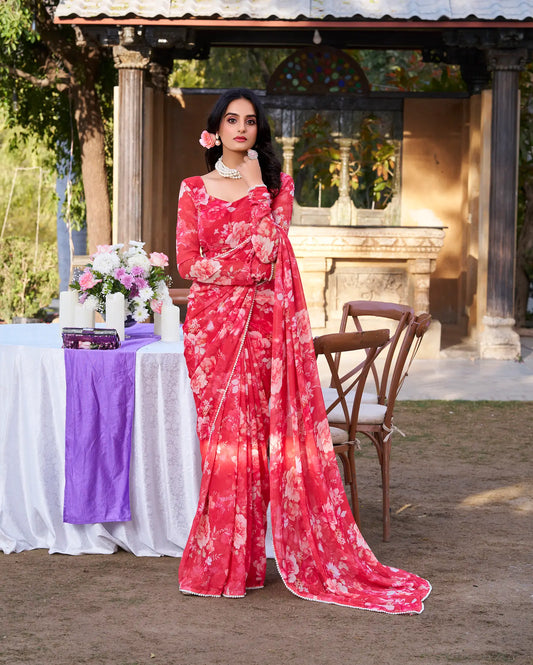 Red Weightless Marbal Saree With Floral Print & Pearl Lace Border