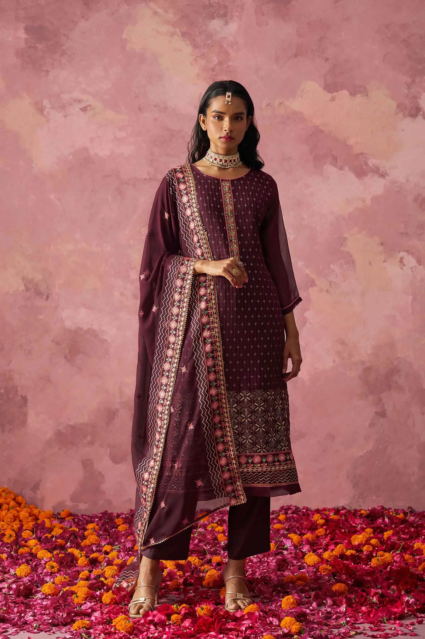 Wine Straight Fancy Embroidery Work Kurta Set With Dupatta