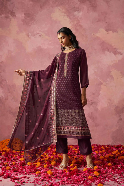 Wine Straight Fancy Embroidery Work Kurta Set With Dupatta