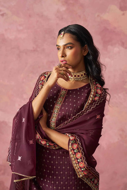Wine Straight Fancy Embroidery Work Kurta Set With Dupatta