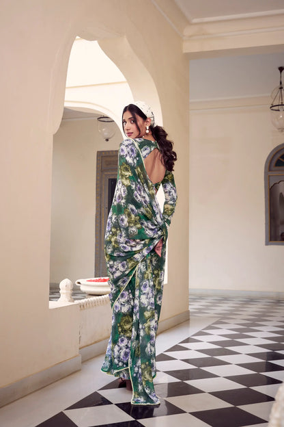 Green Weightless Marbal Saree With  Pearl Lace Border & Floral Print