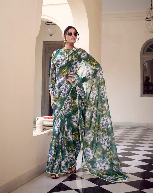 Green Weightless Marbal Saree With  Pearl Lace Border & Floral Print