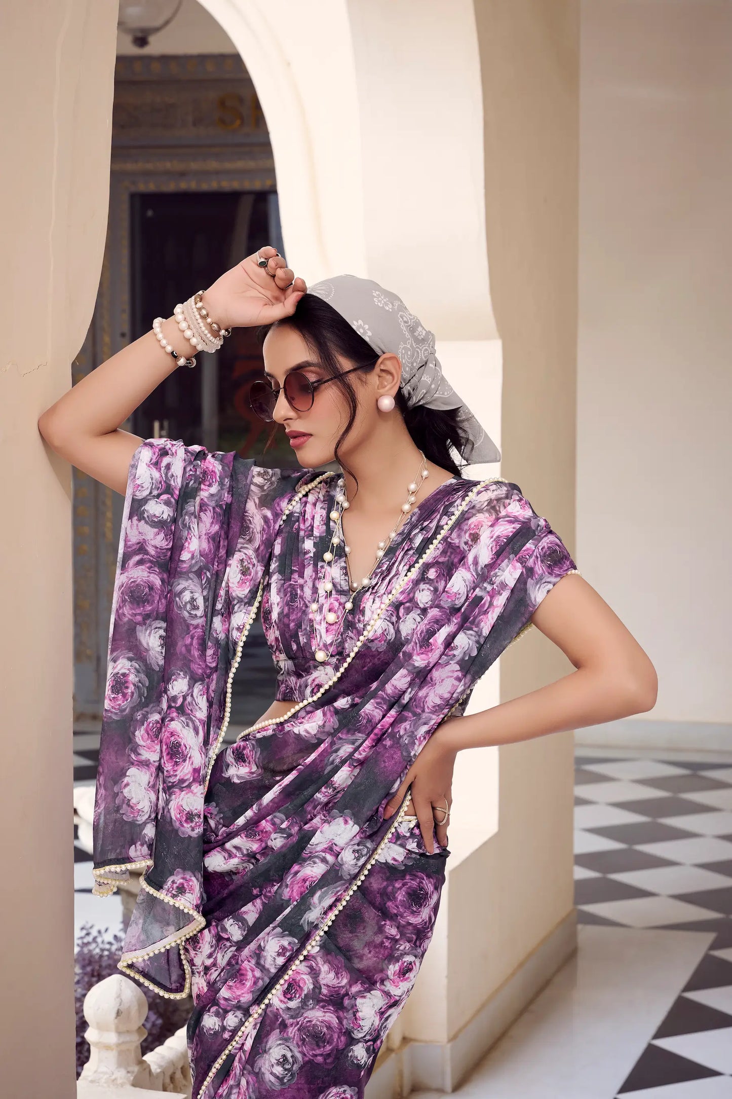 Grey Weightless Marbal Saree With  Pearl Lace Border & Floral Print
