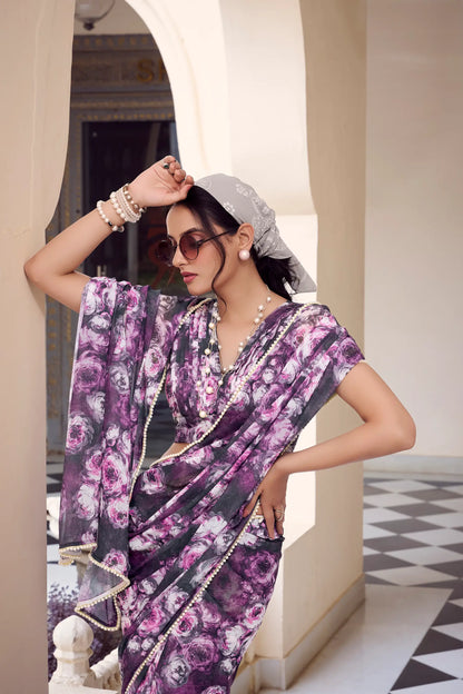 Grey Weightless Marbal Saree With  Pearl Lace Border & Floral Print