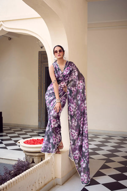 Grey Weightless Marbal Saree With  Pearl Lace Border & Floral Print