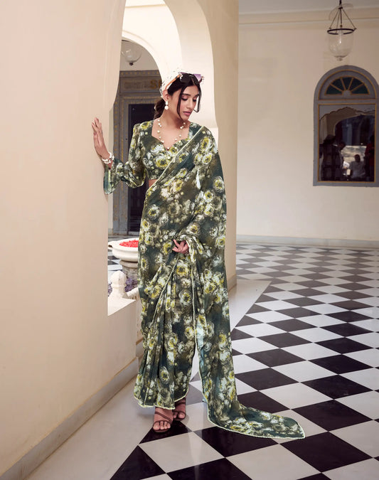 Olive Green Weightless Marbal Saree With  Pearl Lace Border & Floral Print