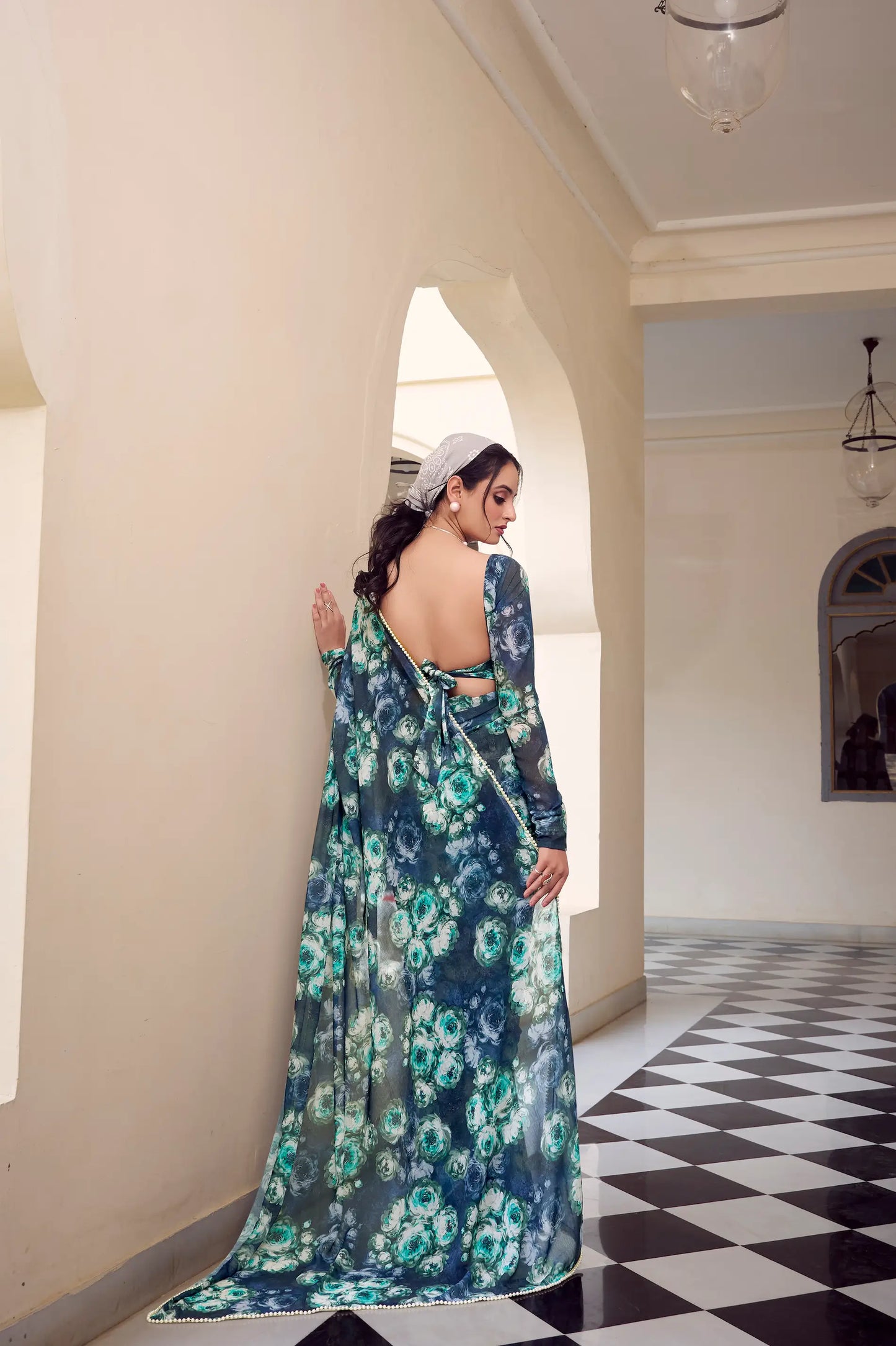Navy Blue Weightless Marbal Saree With  Pearl Lace Border & Floral Print