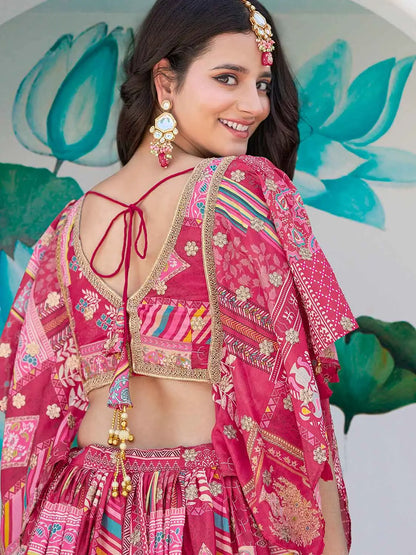 Pink Digital Print And Embroidery Work Silk Lehenga With Stylish Blouse