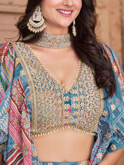 Sky Digital Print Embroidery Work Lehenga With Stylish Blouse With Pearl Work