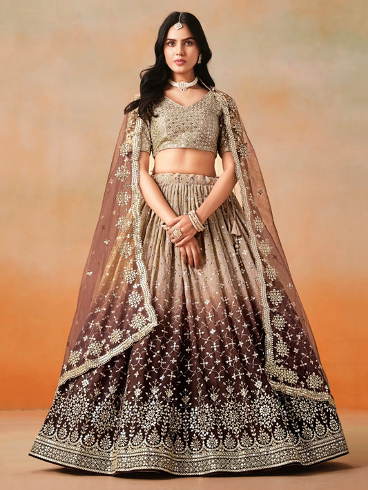 Beige To Brown Gradient Georgette Lehenga With Zari Sequins Embroidery Work