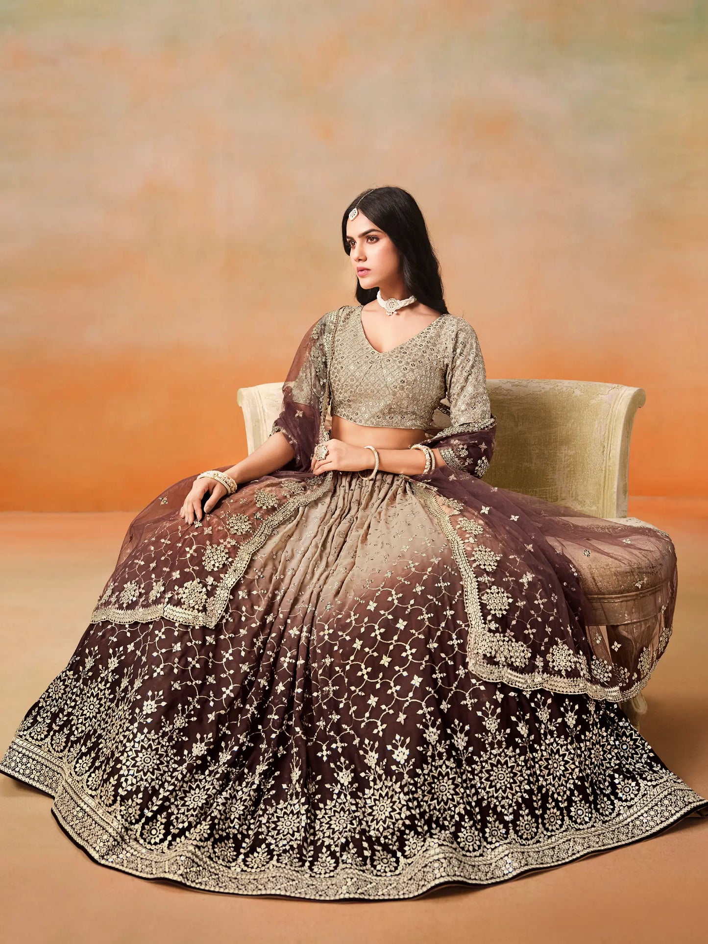 Beige To Brown Gradient Georgette Lehenga With Zari Sequins Embroidery Work